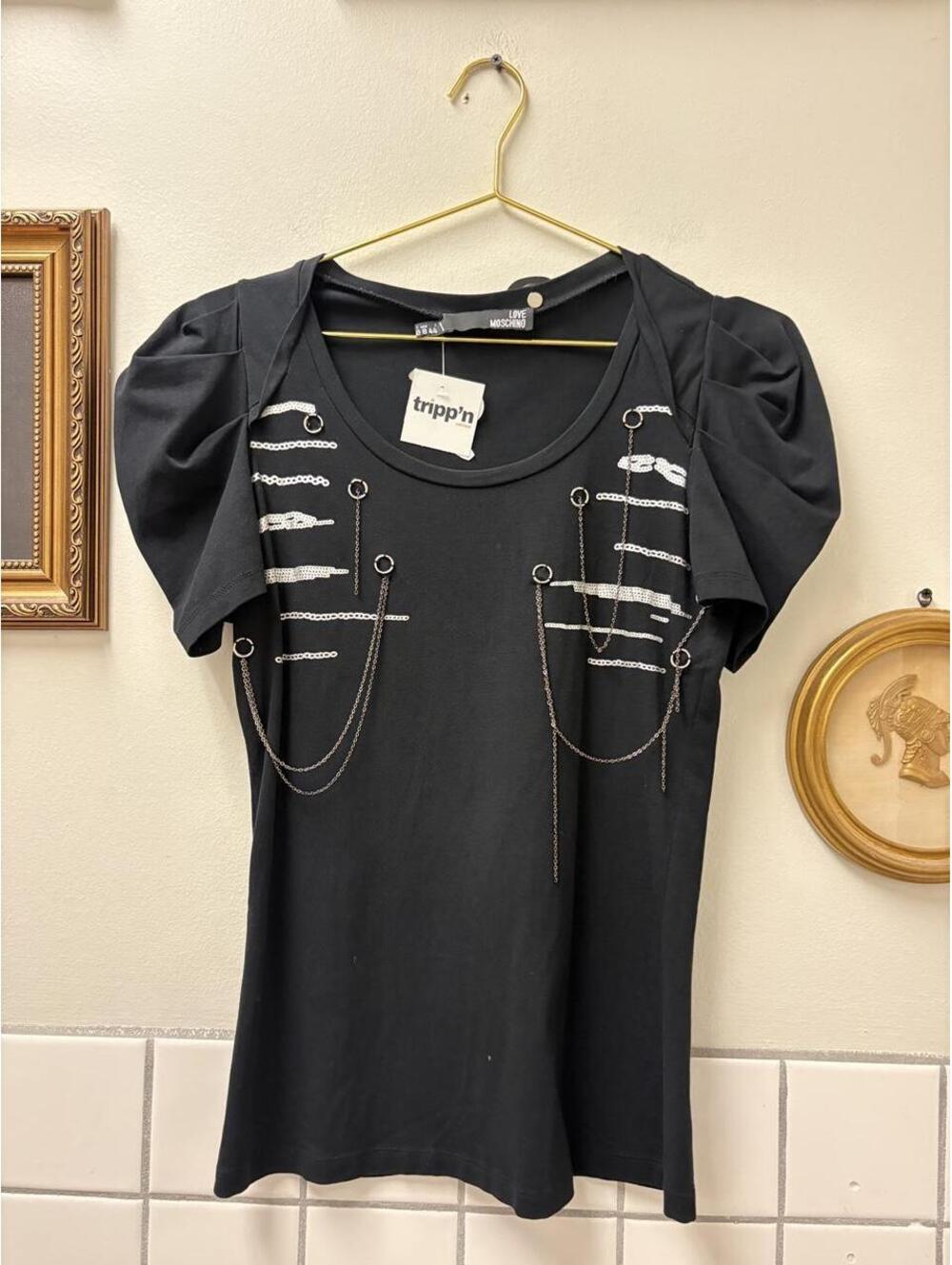 Love Moschino black top blouse with silver chain detailing